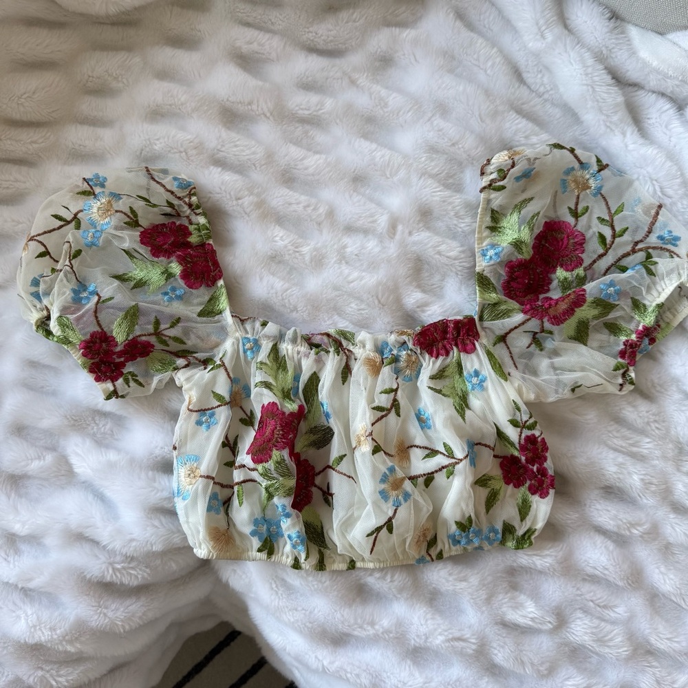 Floral Embroidered Sheer Puff Sleeve Top